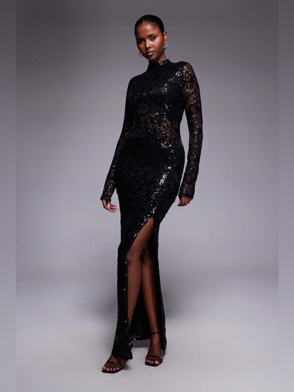ASOS DESIGN embellished lace long sleeve maxi dress with split in black